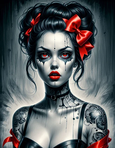helios,A captivating and enigmatic illustration of a rockabilly girl with a distinct Disney-inspired body, showcasing a slightly tilted head and an intense gaze directly locked onto the viewer. Her large, black eyes are accentuated by vibrant blue eyeliner, while her bold red lips and matching red ribbon add a striking contrast of color. The hairstyle is unique and harmonizes beautifully with her overall appearance, exuding a sense of uniqueness and charm. The illustration embodies a dark, surrealist, and slightly grotesque aesthetic, drawing inspiration from renowned artists such as Charles Gates Sheldon, Marco Mazzoni, and Marianne von Werefkin. The minimalistic and monochromatic color palette, alongside the ink painting technique, pays homage to the styles of celebrated artists like Russ Mills, Sakimichan, Wlop, Lo, painting, anime, illustration, dark fantasy
<lora:helios2:1>
