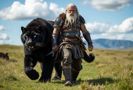 highly detailed cinematic scene, A muscular, barbarian man with long white hair walks alongside a gigantic black snow leopard. The man wears rugged antiquity
armor, with a leather harness, sword, quiver. Intricate tattoos cover his arms, and his fierce expression conveys strength. The black snow leopard, with thick, white-spotted fur and piercing blue eyes, mirrors his stride. They traverse a vast, verdant grassland under a clear sky spotted by puffy clouds, small and distant mountains faintly visible on the horizon. The scene blends detailed textures in the mans armor and the leopards black fur, <lora:fluxenhancer:0.6>, <lora:aidmaMJ6.1:0.8>