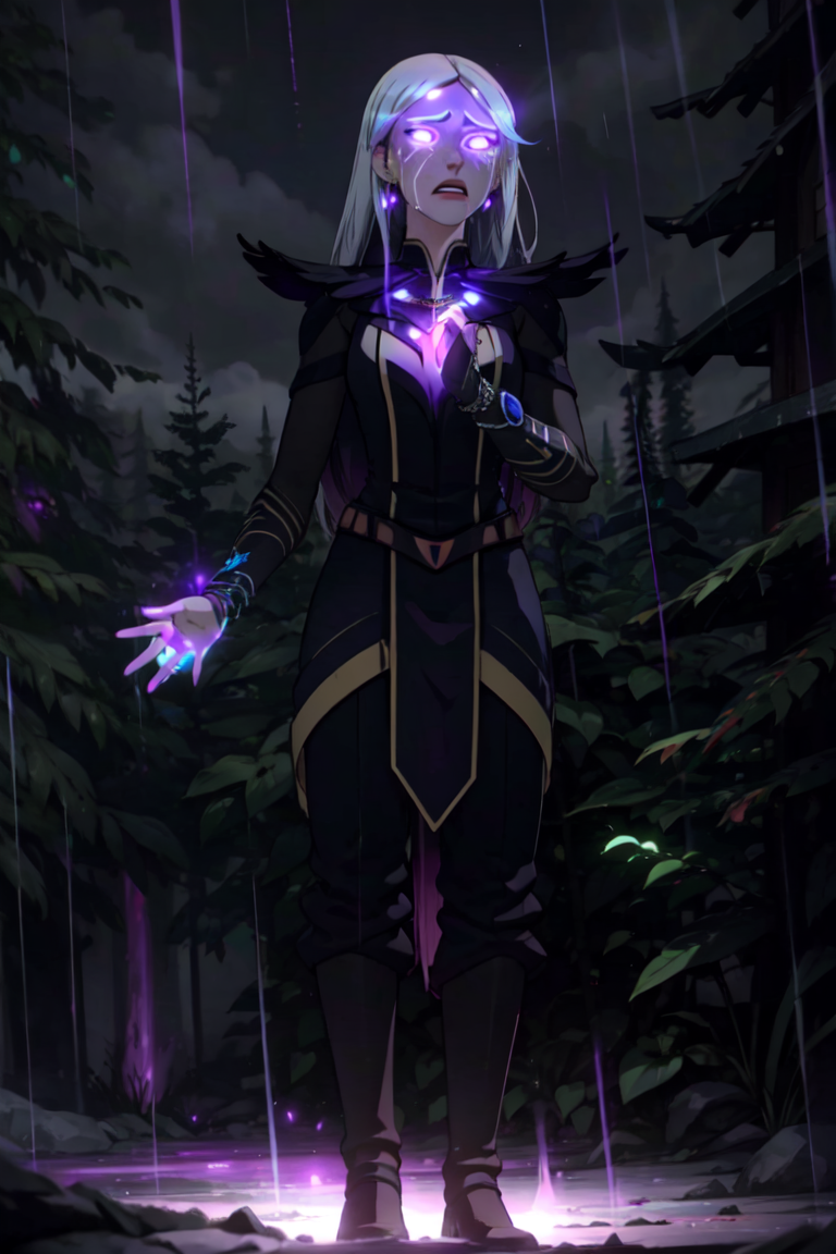 Claudia, green eyes, long hair, forest, night time, dark, lightning, raining, (white hair strip, glowing tears:1.5), (purple magic, magic coming from hands, glowing purple eyes:1.5), (realistic:1.2), (masterpiece:1.2), (full-body-shot:1.2),(Cowboy-shot:1.2), dark romantic lighting, (highly detailed:1.2), (detailed face:1.2), (gradients), colorful, detailed eyes, (natural lighting:1.2), solo, <lora:add_detail:0.3> <lora:DragonPrince_Claudia-10:0.9>  <lora:BeautifulEyes:0.3>