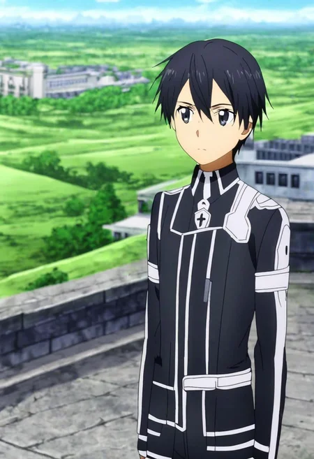 high resolution, solo, best quality, 1Boy, Kazuto Kirigaya, Black Hair, Black Eyes, high-rise, top of building, landscape, shallow depth of field, OverallDetail