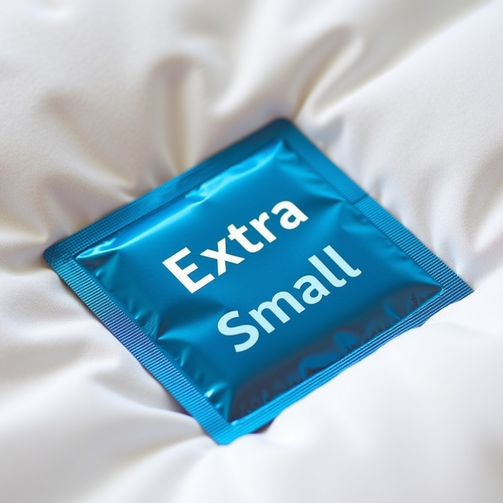 photo of a metallic blue condom wrapper laying on the bed with white text "Extra Small" written on the wrapper