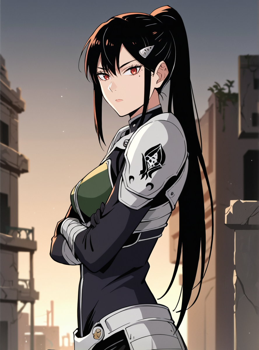 , score_9, score_8_up, score_7_up, score_6_up, score_5_up, score_4_up, source_anime, masterpiece , anime screencap,  absurdres, <lora:MinaAshiro:0.8>minaashiro, black hair, ponytail, long hair, hair ornament, mole under eye, mole, red eyes bodysuit, armor, wide_hips upper body, destroyed_city ruins, looking at viewer, expressionless, crossed arms, from side,