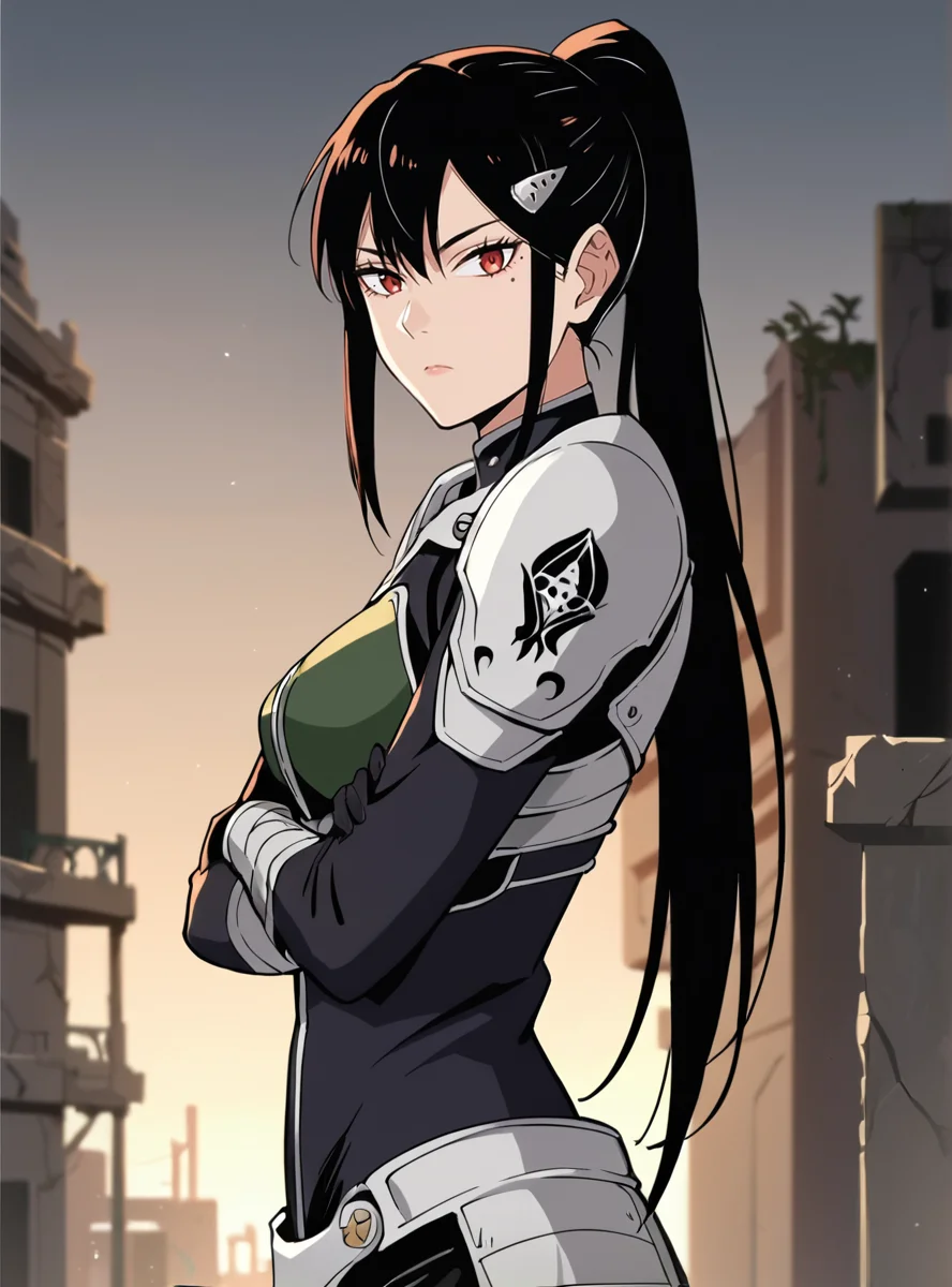 , score_9, score_8_up, score_7_up, score_6_up, score_5_up, score_4_up, source_anime, masterpiece , anime screencap, absurdres, <lora:MinaAshiro:0.8>minaashiro, black hair, ponytail, long hair, hair ornament, mole under eye, mole, red eyes bodysuit, armor, wide_hips upper body, destroyed_city ruins, looking at viewer, expressionless, crossed arms, from side,