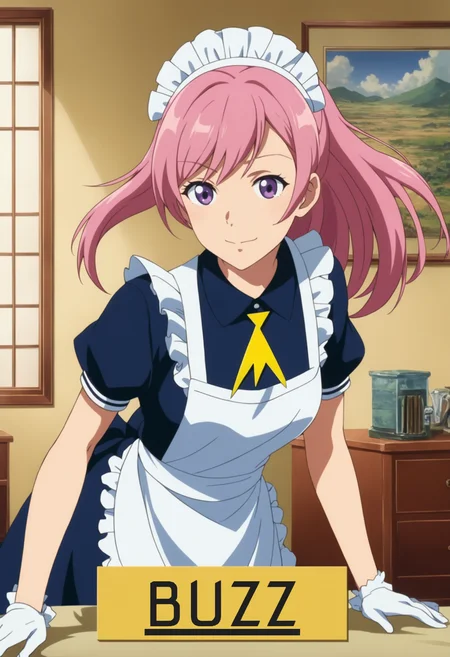 woman holding a sign with a  yellow_lightning_bolt symbol on it, woman, 1girl, solo, winking, leaning forward, pink_hair, purple_eyes, maid, anime screenshot, studio anime, coverart, poster, bedroom, milf, mature_female, hat, 
 <lora:add-detail-xl:0.8>