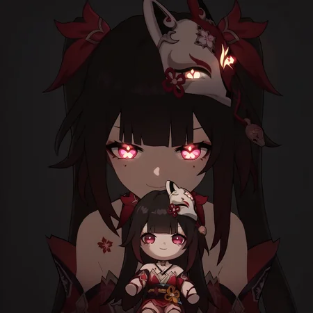 score_9, score_8_up, score_7_up, score_6_up, source_anime,
<lora:srsparkle.pony:1>, srsparkle, looking at viewer, close-up, smug, glowing eyes,
leaning forward, simple background, black background,
<lora:holding_fufu_doll_pony_d16:1>, holding character doll,
<lora:lowlight_pony:1>,