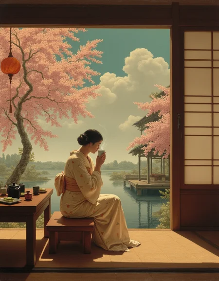 , <lora:Flux_-_Renaissance_art_style:1>
, an elegant aristocratic woman of the Meiji era (1800s) is depicted enjoying a serene tea ceremony within the refined interior of her luxurious Japanese home. She is seated gracefully on a tatami mat, her posture poised yet effortless, exuding an air of quiet sophistication. Her silk kimono, adorned with delicate golden embroidery of cranes and cherry blossoms, drapes elegantly around her, the fabric shimmering subtly under the soft glow of paper lanterns hanging from the wooden beams.
In her delicate hands, she holds a porcelain tea cup, steam curling gently from the surface of the finely brewed matcha, its deep green hue contrasting against the pale, translucent quality of the ceramic. A beautifully arranged lacquered tray beside her carries a traditional cast iron teapot, wagashi sweets, and a slender bamboo chasen whisk, each element meticulously placed as part of the refined tea ritual.
The room around her is a masterpiece of traditional Japanese architecture. Sliding shoji screens, framed with dark lacquered wood, allow the soft, golden afternoon light to filter through, casting gentle shadows that dance across the smooth tatami flooring. Behind her, a wide-open fusuma panel reveals a breathtaking view of a cherry blossom tree in full bloom, its delicate pink petals drifting lightly on the breeze, some landing gracefully on the polished wooden engawa (veranda). Beyond the tree, the faint silhouette of a tranquil koi pond and a meticulously raked Zen garden add to the sceneâs harmonious beauty.
As she lifts her tea cup to her lips, her expression is one of calm introspection, a fleeting moment of solitude in a world of quiet grandeur. The contrast between the ephemeral beauty of the cherry blossoms and the timeless elegance of her aristocratic status creates a poignant atmosphereâone that captures both the fleeting nature of time and the enduring grace of tradition.