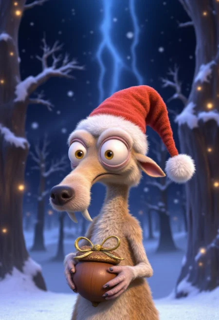 Scrat from Ice Age wearing a festive red Christmas hat with a fluffy white trim, his signature wide-eyed expression of obsession as he clutches an acorn wrapped in a tiny bow. Snow falls softly in the background, and twinkling Christmas lights glow faintly on nearby snowy trees, adding a whimsical holiday touch to the scene