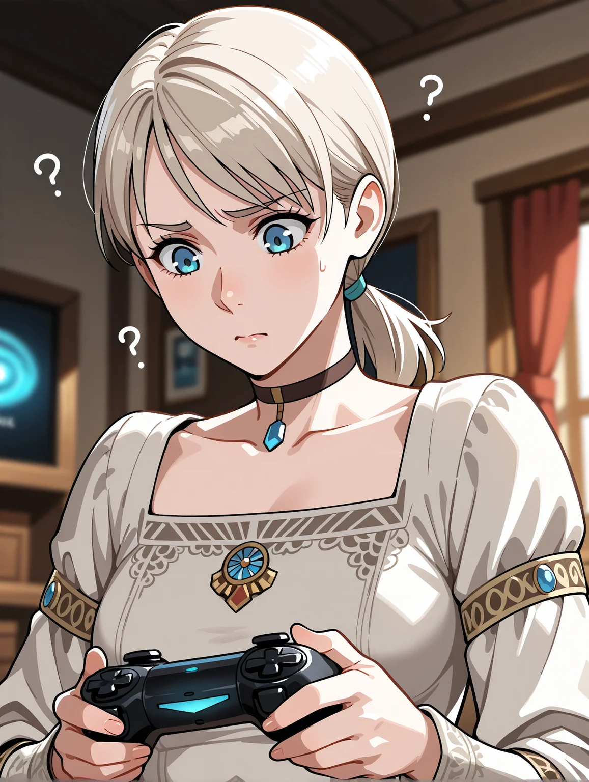<lora:fiona-illustrious-000027:1> 1girl, solo, fiona belli, ponytail, choker, blouse, holding game controller, playstation controller, furrowed brow, confused, looking down, upper body, blurry background