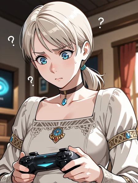 <lora:fiona-illustrious-000027:1> 1girl, solo, fiona belli, ponytail, choker, blouse, holding game controller, playstation controller, furrowed brow, confused, looking down, upper body, blurry background