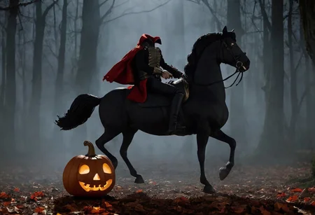 Stop-motion, best quality, masterpiece, ((a headless rider with a lighted pumpkin for a head)), legend of Sleepy Hollow, cute figure, ((on a black prancing horse)), in a gloomy forest landscape at Late twilight, shadows, magical atmosphere, Claymation style, detailed, ((dynamic pose)), ((view from below)), ((prancing horse))