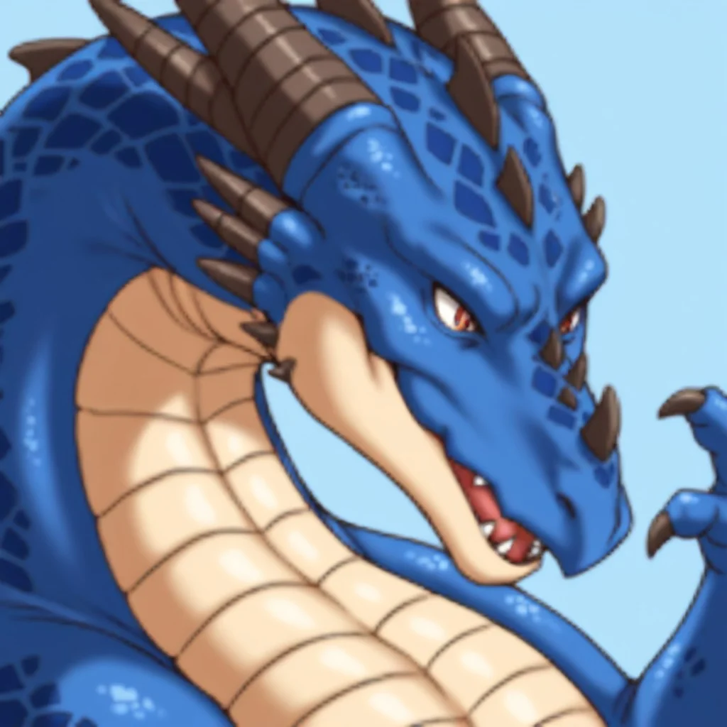 (source_anime, score_9, score_8_up, score_7_up:1), rm2kfaceset, solo male, dragon, blue scales, feral, blue background