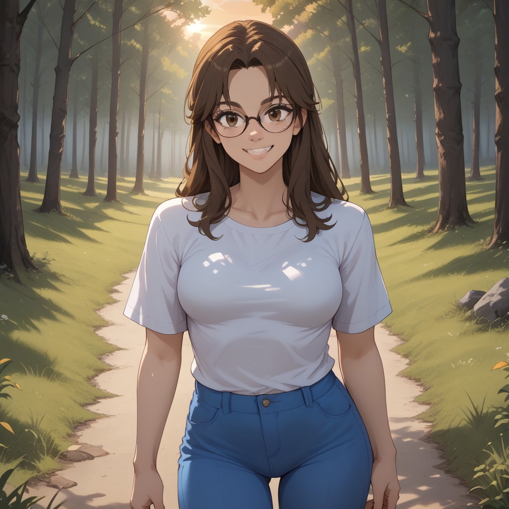 score_9, score_8, BREAK, solo, brown hair, long hair, brown eyes, glasses, white shirt, breasts, blue pants, sandals, Abigail Alburton, sexy pose, self portrait, smile, outdoors, sunlight, shadows, evening lighting, natural lighting, forest, trees, grass, orange sky, sunset