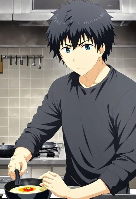high resolution, solo, best quality, 1Boy, Arata Kaizaki, Black Hair, cooking, kitchen, OverallDetail