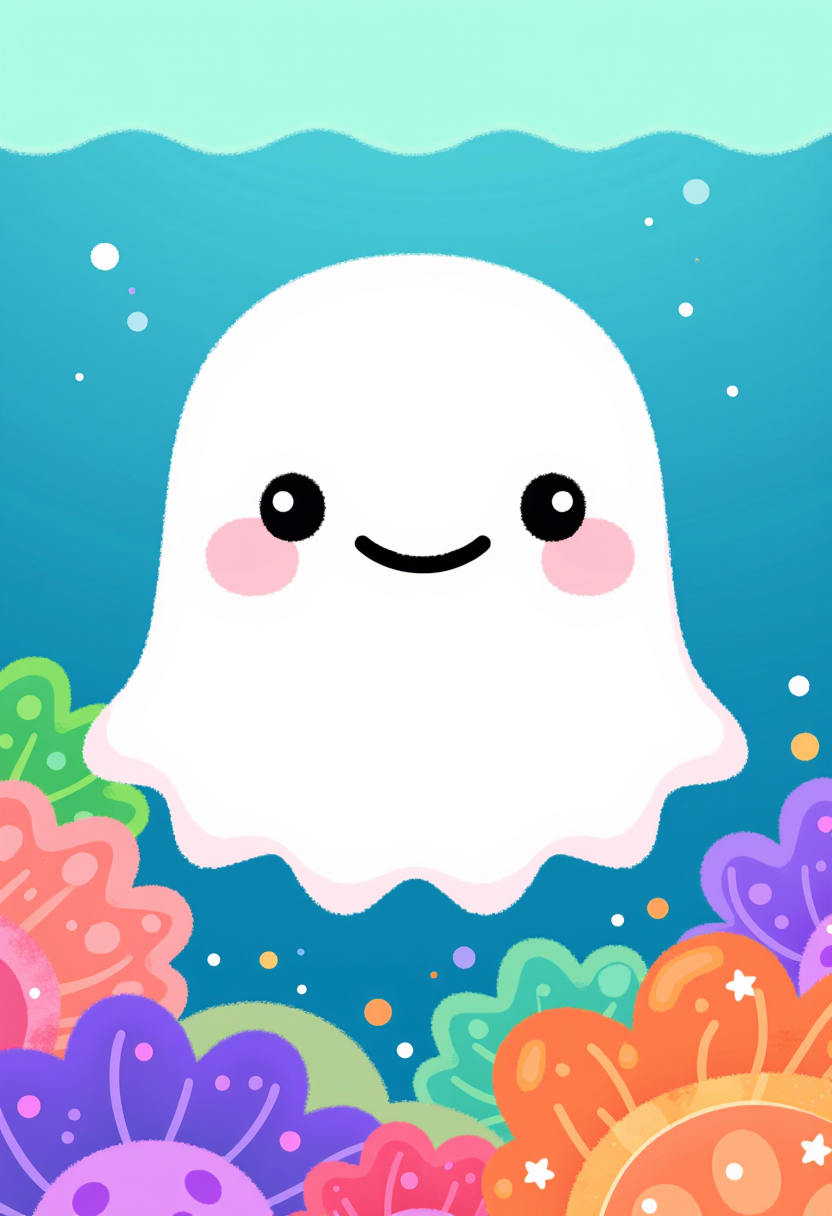 pikaole of a jellyfish wearing a simple ghost costume made of a white sheet with cute simple eyes and smile drawn on top, in the ocean, colorful coral reef in the background, blue ocean above underwater