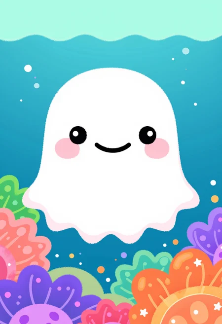 pikaole of a jellyfish wearing a simple ghost costume made of a white sheet with cute simple eyes and smile drawn on top, in the ocean, colorful coral reef in the background, blue ocean above underwater
