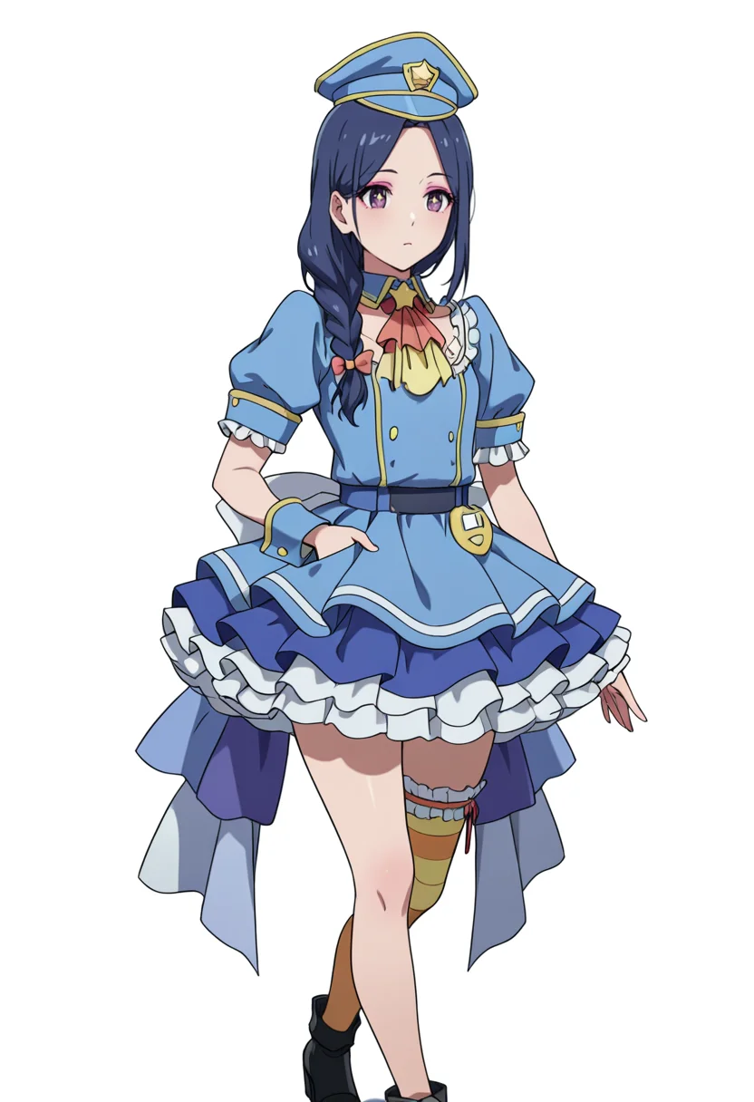 Smooth Quality,masterpiece,very intricate, high quality details, ultra realistic, high detailed skin,detailed enviorement,absurdres,
<lora:Nerula:0.8> nerula_cnr, 1girl,blue hair, long hair, single braid, purple eyes, makeup, eyeshadow,police hat, blue dress, frilled dress,puffy short sleeves, detached collar, ascot, wrist cuffs, blue skirt,single thighhigh, black footwear, striped clothes,bow, ribbon,, simple background, white background, front view,solo,
walking, one hand in pocket, looking aside, casual, confident, ,, + +,
