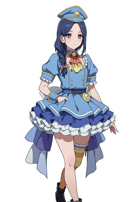 Smooth Quality,masterpiece,very intricate, high quality details, ultra realistic, high detailed skin,detailed enviorement,absurdres,
<lora:Nerula:0.8> nerula_cnr, 1girl,blue hair, long hair, single braid, purple eyes, makeup, eyeshadow,police hat, blue dress, frilled dress,puffy short sleeves, detached collar, ascot, wrist cuffs, blue skirt,single thighhigh, black footwear, striped clothes,bow, ribbon,, simple background, white background, front view,solo,
walking, one hand in pocket, looking aside, casual, confident, ,, + +,