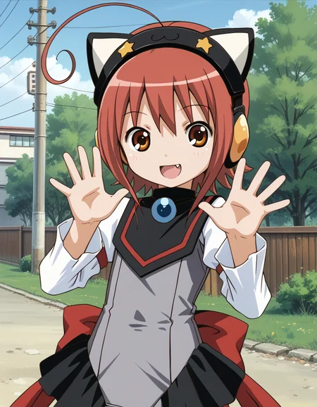 <lora:KuroiSumi_pony_3a-000034:0.8> 1girl, solo, tempera sumi, animal ear headphones, magical girl, smile, fang out, hands up, cowboy shot, outdoors