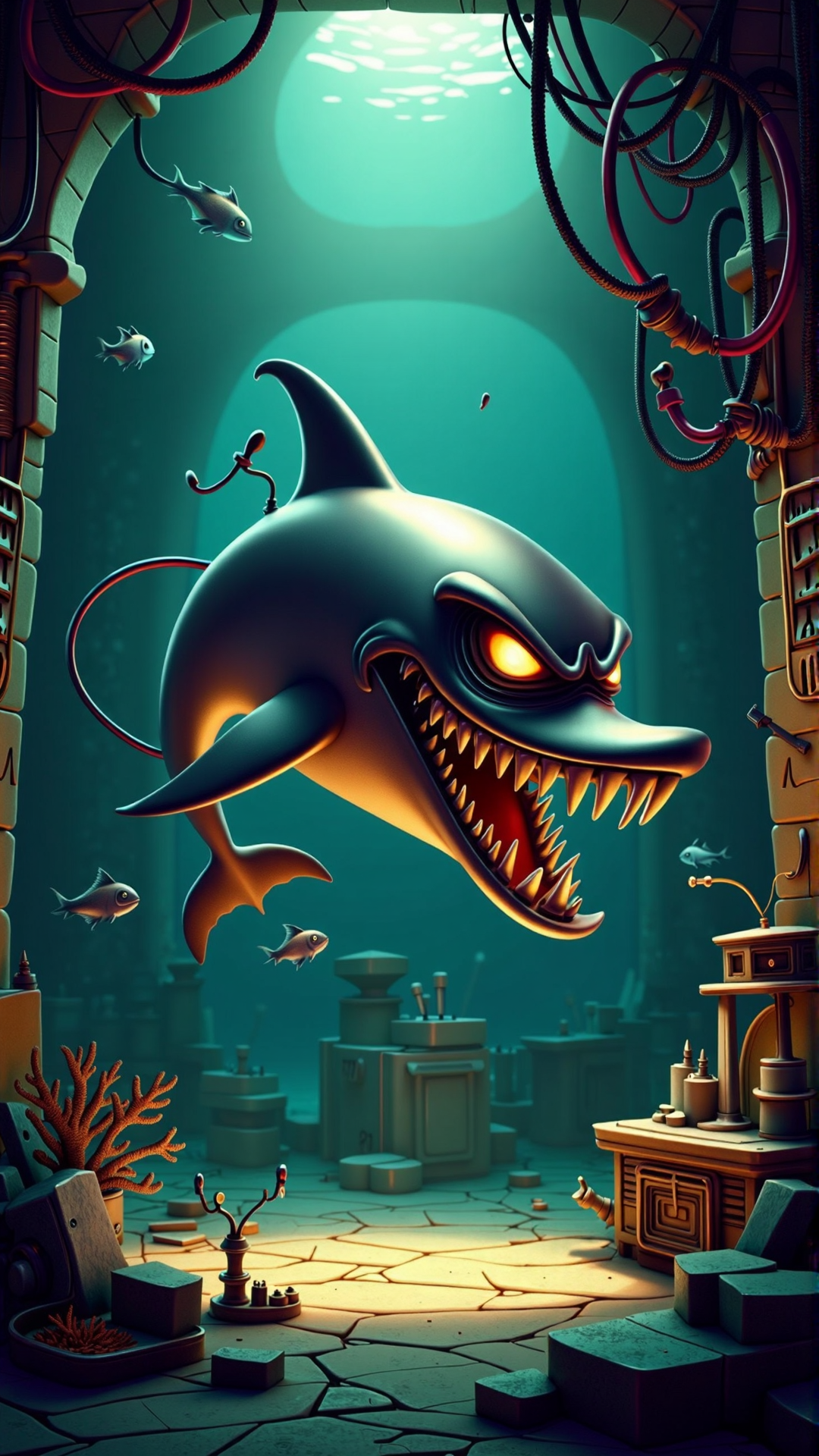 An image of a villainous item: A diabolical, villainous dolphin with a menacing grin carved into its dorsal fin, as if the very shape of its body is twisted into an evil smirk. Its once sleek and streamlined body is now distorted, with a sharp, pointed snout and razor-sharp teeth that seem to be constantly dripping with malevolent intent. A wicked, sadistic glint gleams in its beady eyes as it surveys its surroundings, its fins grasping for anything that dares to cross its path. The grin on its fin seems to grow wider and more maniacal the more it revels in its own malevolence.
This nefarious creature resides in a foreboding, decrepit underwater lair, the walls lined with the rusting husks of sunken ships and the twisted wreckage of coral reefs. The air is thick with the stench of decay and corruption, and a faint, ghostly glow emanates from the faintly bioluminescent fish darting through the darkness. A scattering of old, tattered fishing nets hangs from the ceiling, like the macabre tapestries of a mad king. The entire scene is bathed in an eerie, malevolent blue-green glow, as if the very water itself is infused with the villainous dolphin's wicked energy.<lora:VillainousStyleFlux:1>