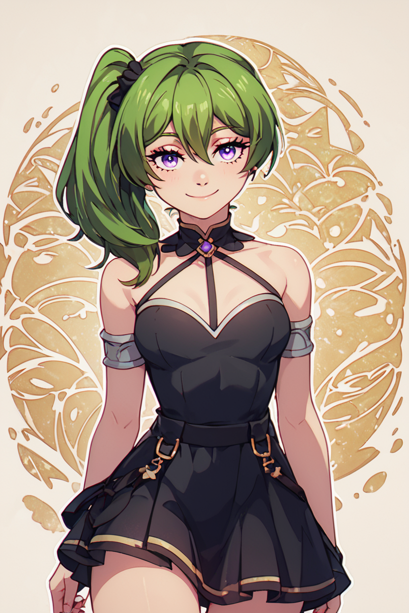 score_9, score_8_up, score_8, medium breasts, (curvy), cute, eyelashes,       BREAK, , <lora:UbelSousounofrieren:0.8>, zzUbel, medium hair, hair between eyes, green hair, side ponytail, purple eyes, black dress, ,, BREAK, smile, looking at viewer,  abstract background, white outline, cowboy shot, embedding:zPDXL, Expressiveh, <lora:CatalystStylePDXL:0.6>,  <lora:SDXLFaeTastic2400:0.5>,  <lora:Expressive_H-000001:0.4>,