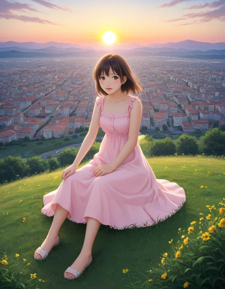 hand drawn anime, 1girl, sun dress, sitting on a hill overlooking the city, colorful, pastel colors, soft, dreamy, in the style of <lora:IyashikeiXL:1> soft anime