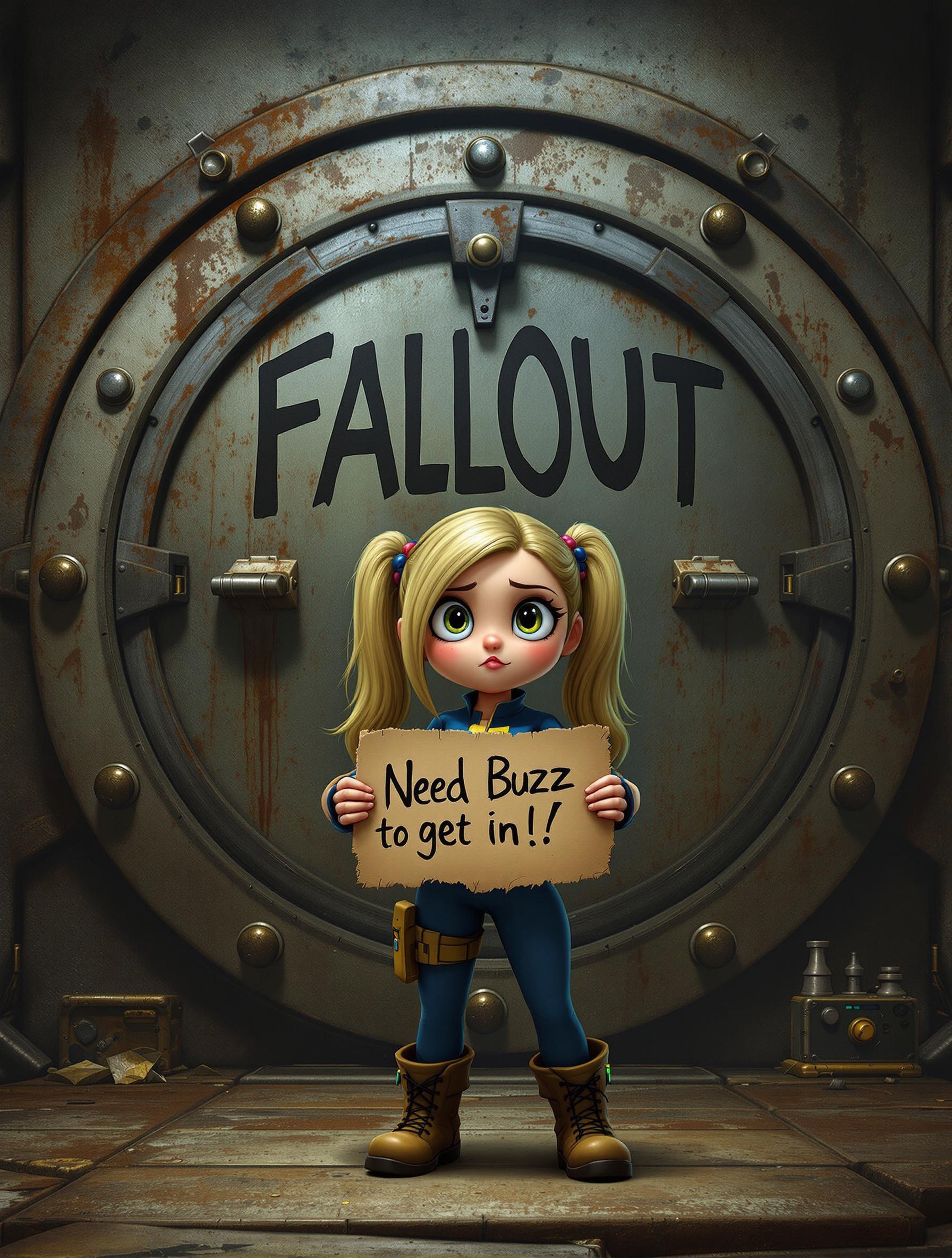 A cute Vault Girl from the Fallout series stands in front of a massive, weathered Vault door, its iconic circular design and heavy metal bolts towering behind her. She wears the classic tight blue Vault jumpsuit, the golden numbers on her back slightly worn from adventure. Her big, pleading eyes lock onto the viewer, her expression filled with desperate yet adorable urgency. With both hands, she clutches a slightly tattered cardboard sign that reads: "Need Buzz to get in!" in bold, uneven letters, as if hastily scribbled in a moment of desperation.
The Vault entrance is dimly lit by flickering industrial lights, casting deep shadows across the rugged, metallic walls. The rusted control panel to the side hints that the door won’t budge without assistance. Her boots are scuffed from travel, and a small Pip-Boy on her wrist emits a faint green glow. Despite the dire situation, she still radiates charm—her stance slightly slouched, lower lip subtly pouting, her expression a mix of hope and determination. The overall aesthetic captures the gritty yet playful essence of Fallout, blending post-apocalyptic survival with an irresistible pin-up-inspired charm. Highly detailed, masterpiece quality, Fallout-style realism.