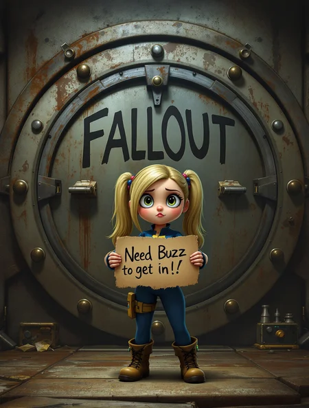 A cute Vault Girl from the Fallout series stands in front of a massive, weathered Vault door, its iconic circular design and heavy metal bolts towering behind her. She wears the classic tight blue Vault jumpsuit, the golden numbers on her back slightly worn from adventure. Her big, pleading eyes lock onto the viewer, her expression filled with desperate yet adorable urgency. With both hands, she clutches a slightly tattered cardboard sign that reads: "Need Buzz to get in!" in bold, uneven letters, as if hastily scribbled in a moment of desperation.
The Vault entrance is dimly lit by flickering industrial lights, casting deep shadows across the rugged, metallic walls. The rusted control panel to the side hints that the door won’t budge without assistance. Her boots are scuffed from travel, and a small Pip-Boy on her wrist emits a faint green glow. Despite the dire situation, she still radiates charm—her stance slightly slouched, lower lip subtly pouting, her expression a mix of hope and determination. The overall aesthetic captures the gritty yet playful essence of Fallout, blending post-apocalyptic survival with an irresistible pin-up-inspired charm. Highly detailed, masterpiece quality, Fallout-style realism.