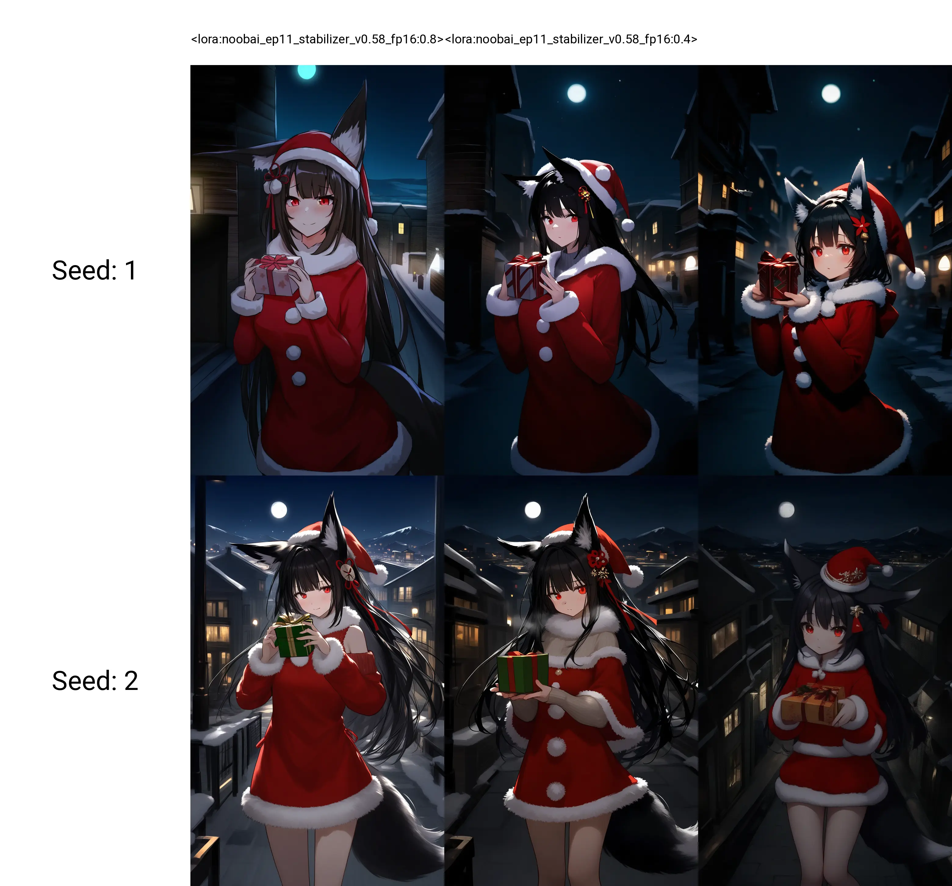 <lora:noobai_ep11_stabilizer_v0.58_fp16:0.8>1girl,fox girl,fox ears,red eyes,black hair,hair ornament,santa hat,santa costume,fur trim,sweater,gift box,night,town,street,snow,moon light,masterpiece,