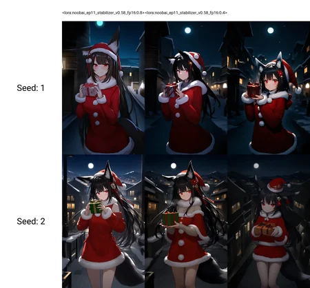 <lora:noobai_ep11_stabilizer_v0.58_fp16:0.8>1girl,fox girl,fox ears,red eyes,black hair,hair ornament,santa hat,santa costume,fur trim,sweater,gift box,night,town,street,snow,moon light,masterpiece,