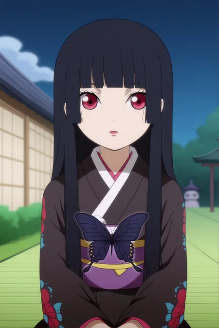 ai enma,anime screencap,1girl,solo,hime cut,butterfly,long hair,black kimono,blunt bangs,bangs,looking at viewer,dojo,sitting,japanese clothes,outdoors,Lycoris radiata, horror,night time,upper body,close up,parody <lora:Ai Henma - PDXL2.safetensors:0.8>