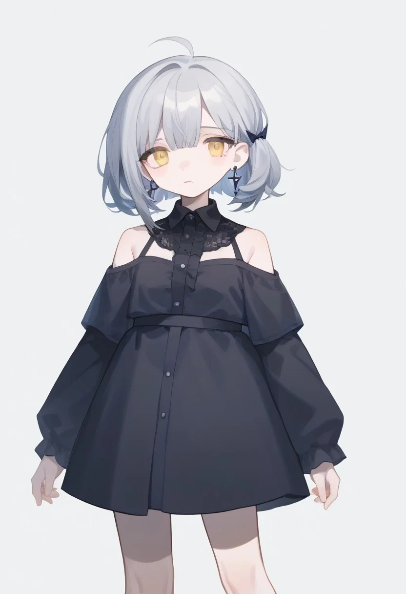 score_9, score_8_up, score_7_up, source_anime, BREAK, standing, simple background, cowboy shot, grey hair, yellow eyes, mole under eye, pale skin, earrings, clothonc, black dress