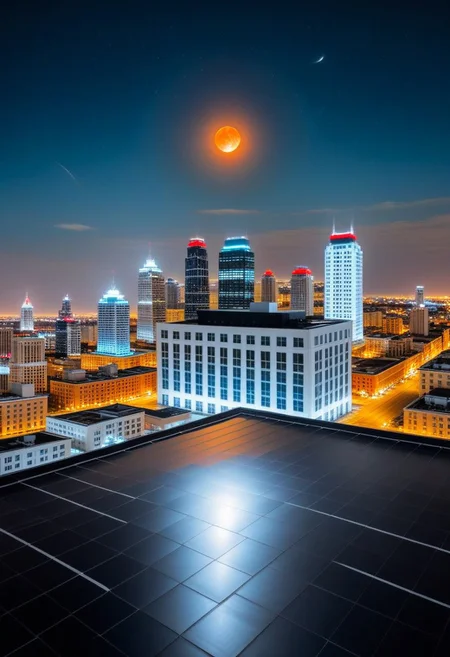 sparse high-stratus clouds barely illuminated by the subdued light of the red-orange city lanterns, a dark purple halo near the bright moon, a square building with a black roof dotted with bright white windows, next to which to the right there is a square building with subdued black windows and only the bottom illuminated by a white lantern is visible, between these two buildings and behind the first white one another building with white windows is visible, above the black building rises somewhere half as high a building with a white and turquoise mesh of burning windows, above this building a red LED is already visible, to the right of the black unlit building a little in the distance stands a building 25 percent lower, 75 percent thinner, with a black roof along the perimeter of which an LED strip is laid and in each corner of the roof there is a bright blue LED, this is a smaller building elongated forward, behind which on the horizon a gray building with a black stripe in the middle is visible. and even further two rectangular buildings with light turquoise windows. To the right of the dark building, you can see the blue roof of a skyscraper, square, twice as big in area, behind it stands a rectangular skyscraper with unlit windows, barely illuminated by the blue and white light of the street, the bottom of the street is dotted with rectangular dotted yellow square pixels.