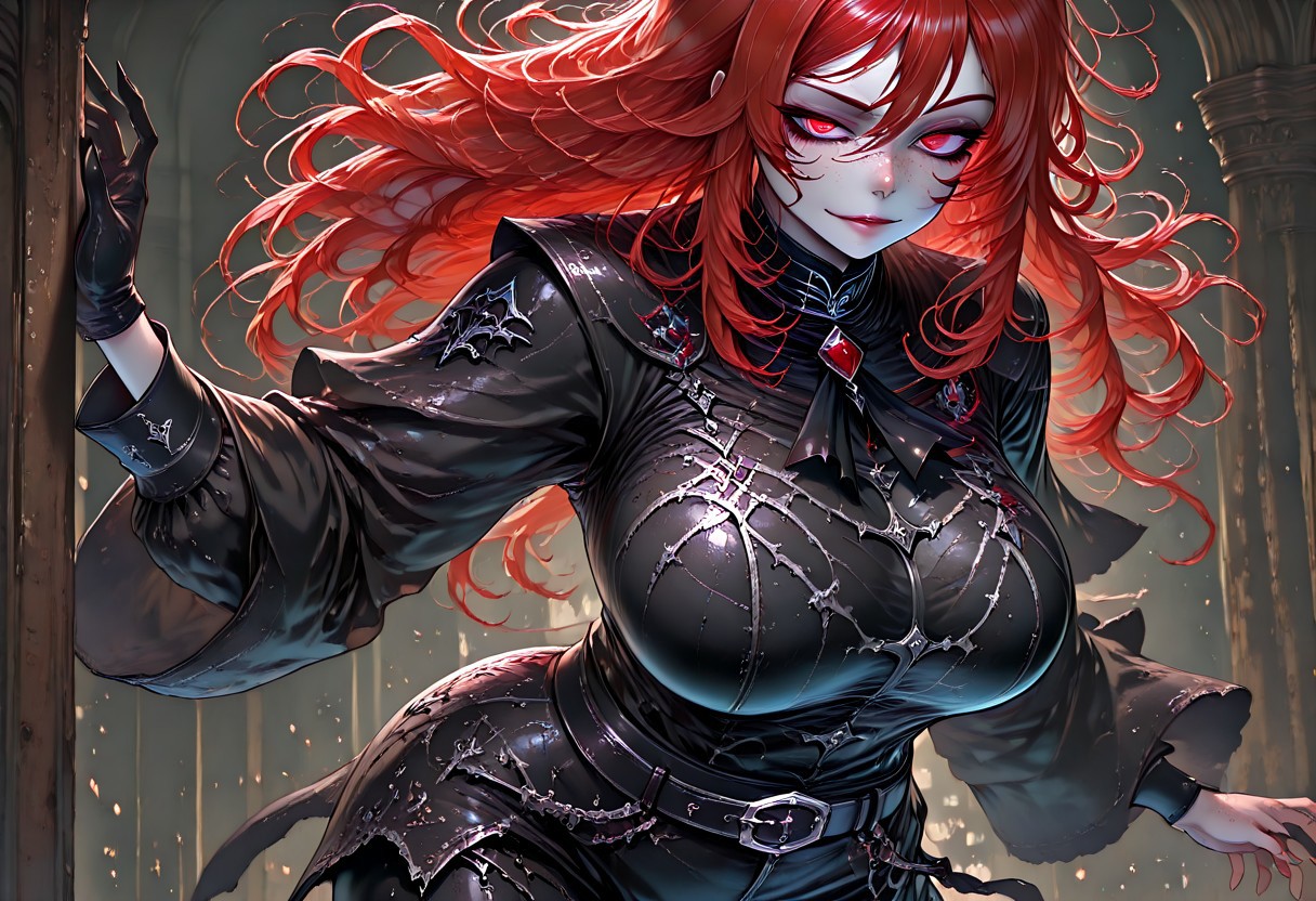 very aesthetic, masterpiece, best quality, highres, absurdres, amazing quality, high resolution, 1girl, solo, medieval background, detailed eyes, perfect eyes, expressive eyes, Expressiveh, vivid colors, realistic lighting, perfect anatomy
Red Eyes, long hair, red hair, pale skin, voluptuous, cellulite, chubby, large breasts, ((uneven eyes)), freckles, lots of freckles, crazy eyes
black gloves, sharp fingers, black shirt, button up shirt, button down shirt, black ascot, black frills, buttons, wide sleeve cuffs, black belt, black cuffs, gambeson, black leggings
