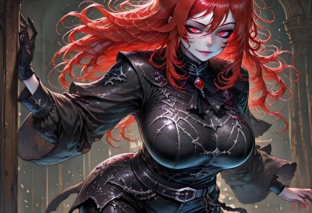 very aesthetic, masterpiece, best quality, highres, absurdres, amazing quality, high resolution, 1girl, solo, medieval background, detailed eyes, perfect eyes, expressive eyes, Expressiveh, vivid colors, realistic lighting, perfect anatomy
Red Eyes, long hair, red hair, pale skin, voluptuous, cellulite, chubby, large breasts, ((uneven eyes)), freckles, lots of freckles, crazy eyes
black gloves, sharp fingers, black shirt, button up shirt, button down shirt, black ascot, black frills, buttons, wide sleeve cuffs, black belt, black cuffs, gambeson, black leggings
