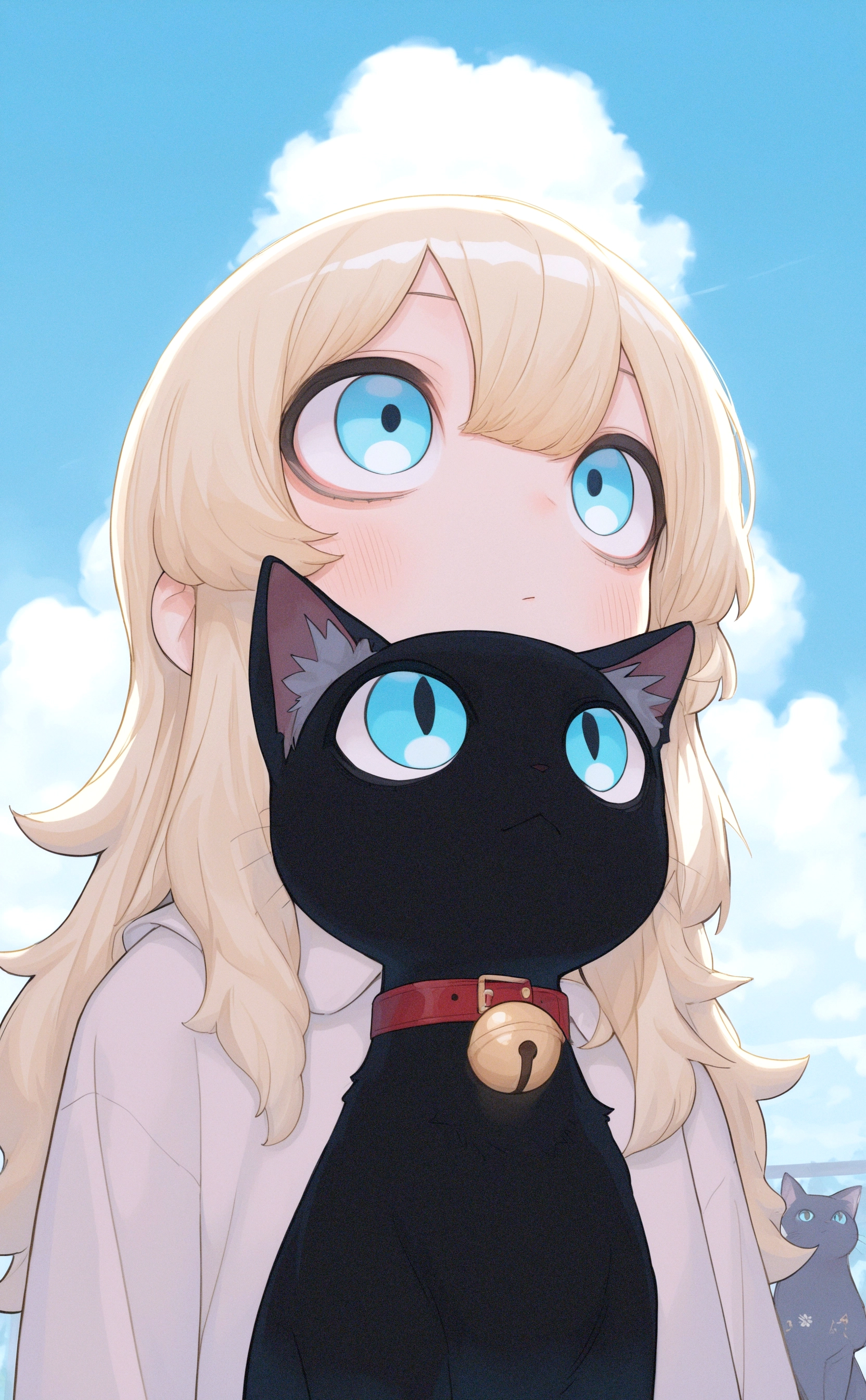 masterpiece, best quality, amazing quality, high quality, highres, 1girl, solo, long hair, blue eyes, blonde hair, outdoors, sky, day, cloud, collar, blue sky, bell, cat, looking up, child, neck bell, black cat, (oharu-chan:0.85), <lora:noobai_ep11_stabilizer_v0.138_fp16:0.3> <lora:rlly_00_v0.6:0.4> <lora:ODd5YW5hZ2krd2Fua2U=-waiNSFWIllustrious_v130_V1-CAME:0.8> <lora:CoalCaress:1>