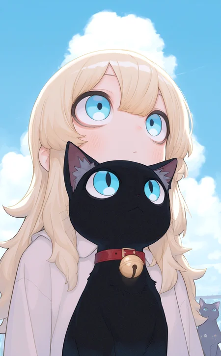 masterpiece, best quality, amazing quality, high quality, highres, 1girl, solo, long hair, blue eyes, blonde hair, outdoors, sky, day, cloud, collar, blue sky, bell, cat, looking up, child, neck bell, black cat, (oharu-chan:0.85), <lora:noobai_ep11_stabilizer_v0.138_fp16:0.3> <lora:rlly_00_v0.6:0.4> <lora:ODd5YW5hZ2krd2Fua2U=-waiNSFWIllustrious_v130_V1-CAME:0.8> <lora:CoalCaress:1>