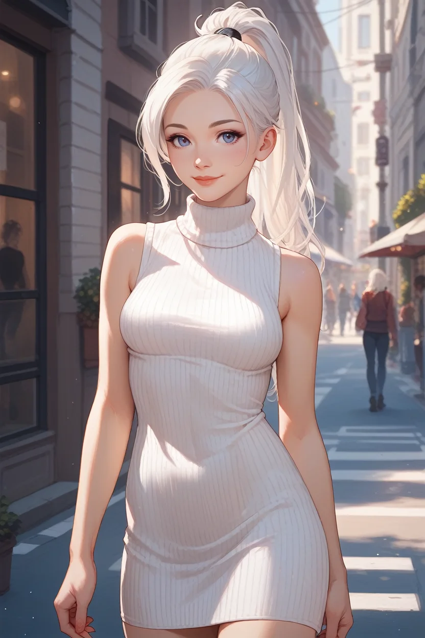 score_9, score_8_up, score_7_up,
<lora:SpiderBlackCat:0.8>
SpiderBlackCat, 1girl, white hair, long hair, ponytail, street, standing, cowboy shot, bare arms, turtleneck, ribbed sweater, sweater dress, sleeveless, smile