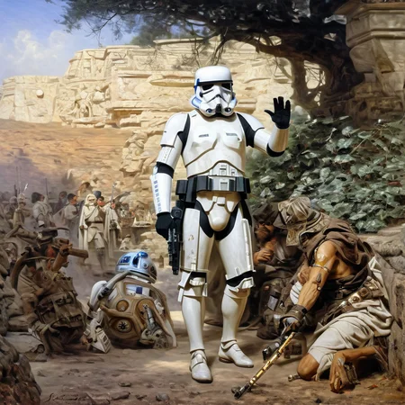 Painting of star wars detailed stormtrooper as ancient acadamic mythological Henryk Siemiradzki <lora:Acdemical_paintings_of_Henryk_Siemiradzki:1>