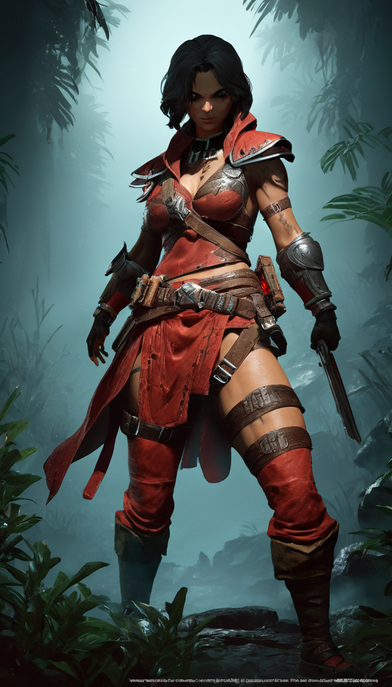 Cinematic scene, hero view, diablo 4, female rogue, action pose,  <lora:diablo_4_rogue_v0.0.2:1>, jungle, masterpiece, best quality, high quality, absurdress <lora:nendoroid_v0.0.4:1>
