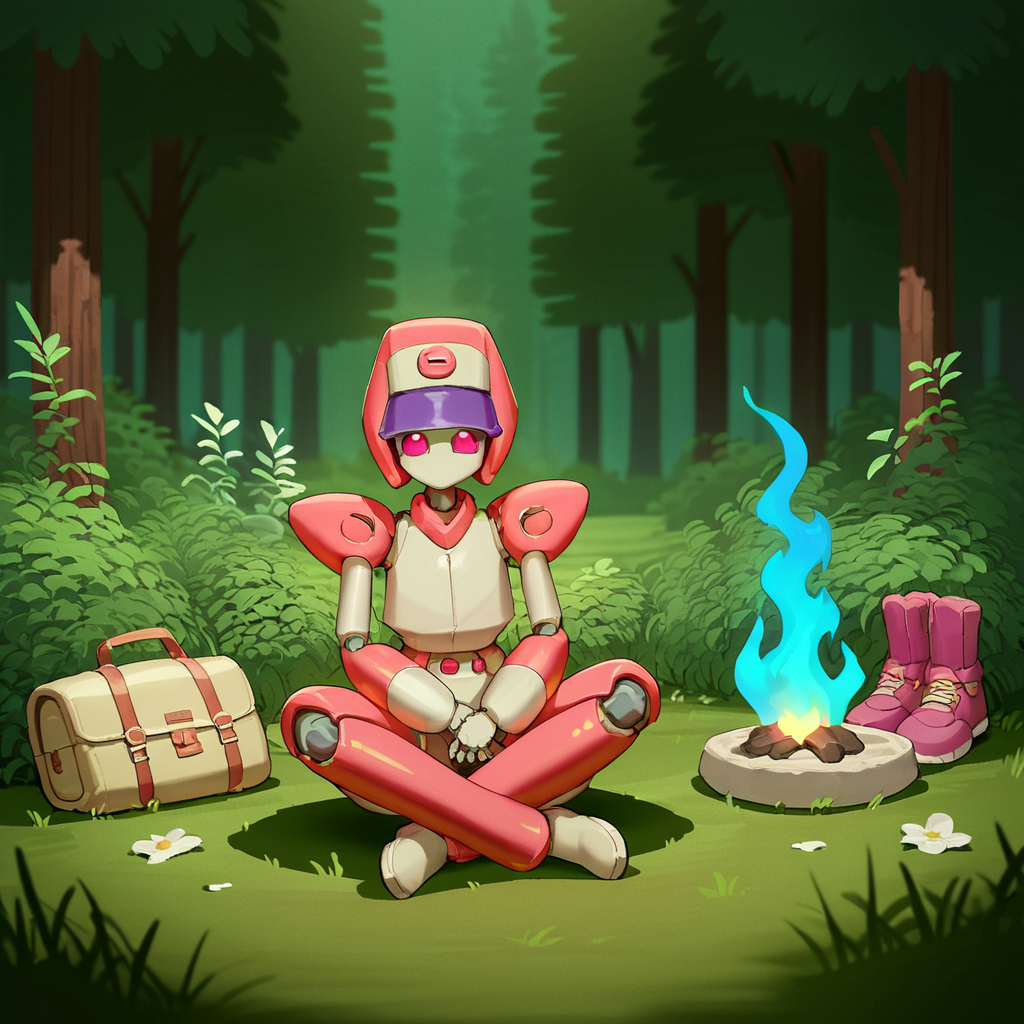 score_9, score_8_up, score_7_up, score_6_up, score_5_up, score_4_up, source_anime,  neutranurse, robot, sitting, forest, birtds, camp fire