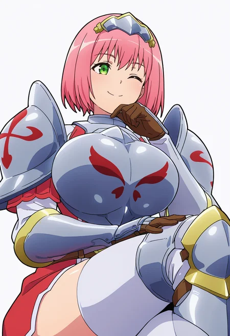 Smooth Quality,masterpiece,very intricate, high quality details, ultra realistic, high detailed skin,detailed enviorement,absurdres,
spread fingers,solo,
<lora:Nohkins_Hanabata_CNR:0.8> nohkins_cnr, green eyes, pink hair, short hair, large breasts, breasts,
nohkins_armor1_cnr, armor, breastplate, shoulder armor,gauntlets, armored boots, greaves, belt, long sleeves, dress,white thighhighs, thigh boots,brown gloves,tiara, hairband,, simple background, white background, from below,
sitting pose, legs crossed, one hand resting on chin, playful smile, relaxed shoulders, ,, ;o,