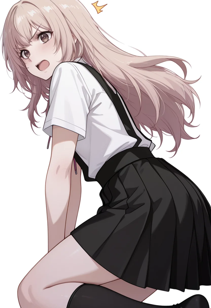 masterpiece,high quality details, absurdres,
 <lora:Kazusa_Ootori_V2:0.8> kazusa_cnr, 1girl, light brown hair, long hair, brown eyes,kazusa_s1, school uniform, white shirt, short sleeves,pleated skirt, suspender skirt,ribbon, socks, kneehighs,, simple background, white background, from side,solo,, v-shaped eyebrows,surprised,
