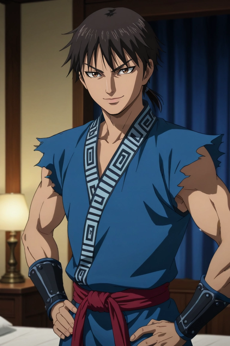 score_9, score_8_up, score_7_up, source_anime, rating_safe, intricate details, anime screencap, , , , depth of field, 1boy, solo, male focus, <lora:xin_kingdom_pony:0.8>, xin_kingdom, black hair, brown eyes, short hair, low ponytail, , armor, straight-on, bedroom, midnight, hands on hips, half-closed eyes, smile, ,, <lora:sdxl_lightning_8step_lora:1>