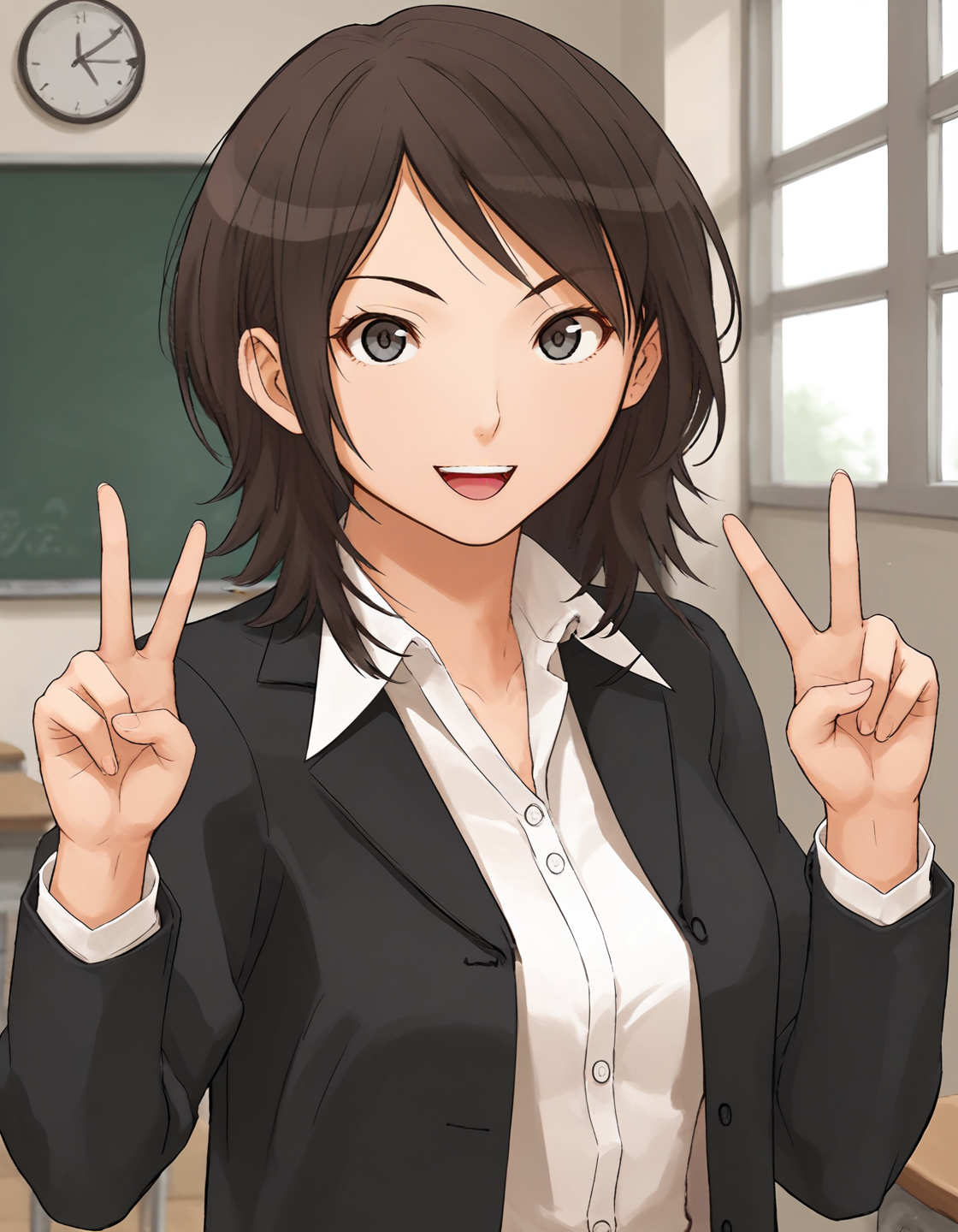 score_9, score_8_up, score_7_up, score_6_up, score_5_up, score_4_up, <lora:MayaT_T2V0:0.85>, <lora:sdxl_lightning_8step_lora:1>,
source_anime, 1girl, solo,
MayaT_T2V0, brown hair, medium hair, swept bangs, grey eyes, medium breasts,
black jacket, open jacket, white shirt, dress shirt, wing collar, 
hands up, double v, 
looking at viewer, smile, open mouth, upper teeth only, :d, 
indoors, classroom, window, upper body,