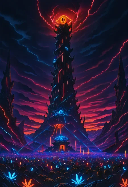 masterpiece, best quality, L0rd0fTh3R4v3s, b1g3y3, 1girl, cloud, glowing, building, scenery, ,<lora:SauronsRaveTower_IXL_v1:1.0>,