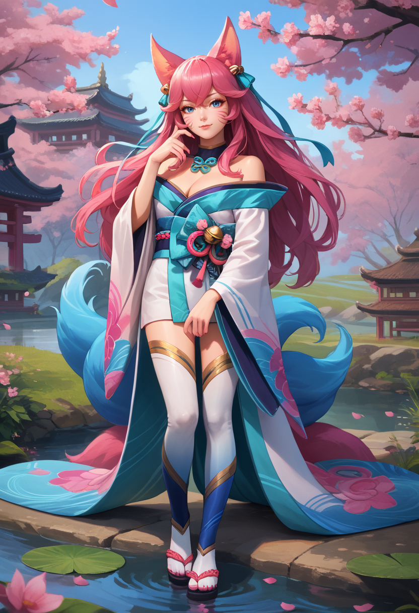 score_9, score_8_up, score_7_up, source_anime, full body, solo, 1girl, ahriSprtBlsm, light smile, closed mouth, looking at viewer, standing, hand up, animal ears, animal ear fluff, facial mark, fox tail, multiple tails, long hair, hair between eyes, pink hair, blue eyes, large breasts, hair ribbon, hair ornament, hair bell, japanese clothes, kimono, petals, bare shoulders, cleavage, bow, gradient thighhighs, pink nails, sandals, outdoors, cherry blossoms, pond <lora:Ahri_SpiritBlossom_pdxl_Incrs_v1:1>