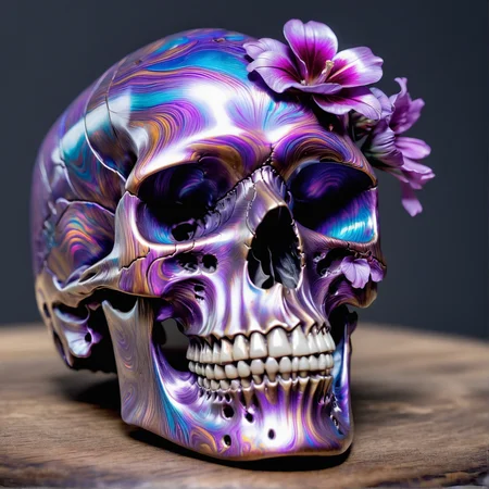 timascus style,realistic, a skull with flowers growing from it, concept, (SimplePositiveXLv2:0.6), <lora:Timascus_merge_update:1>