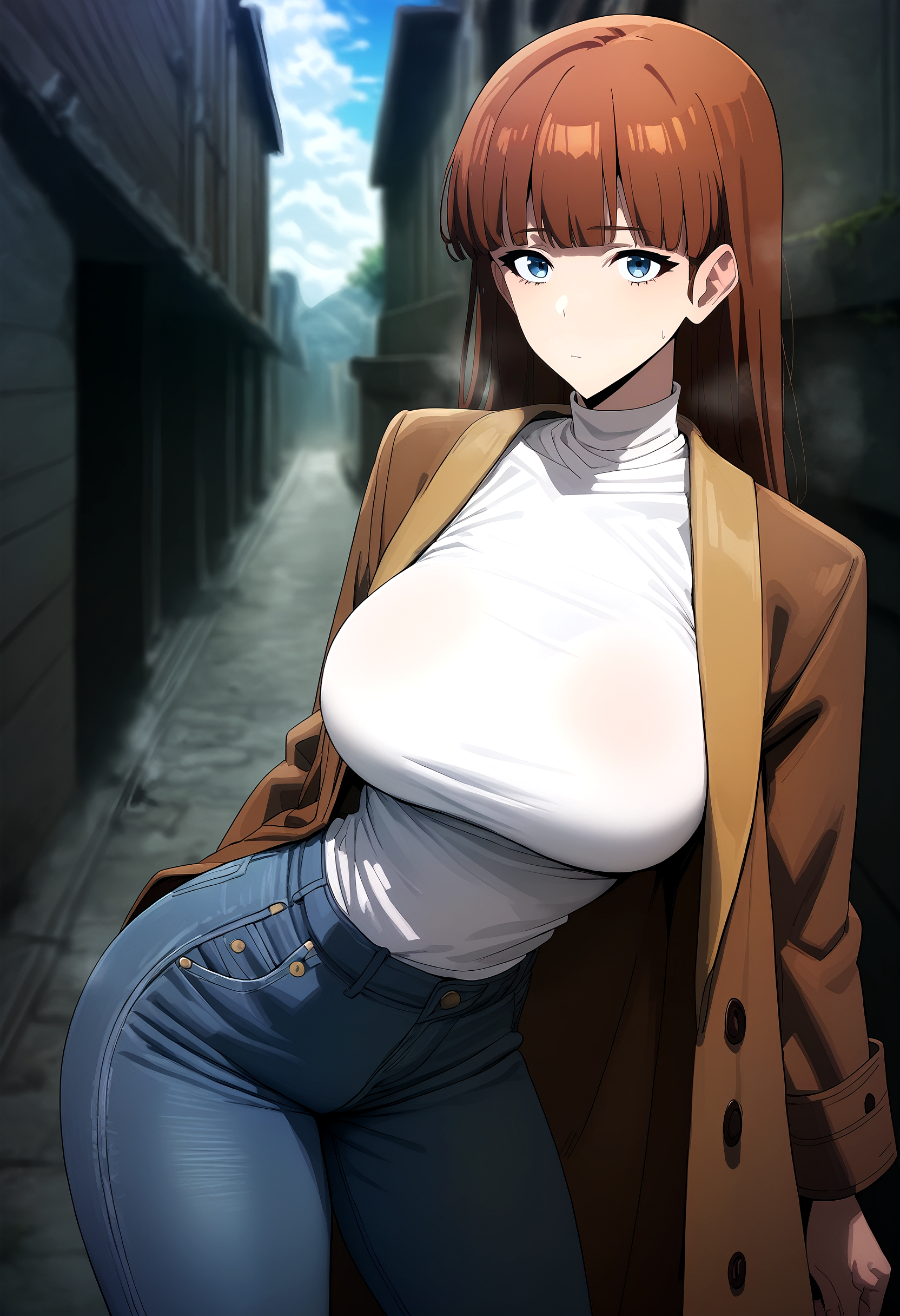 score_9, score_8_up, score_7_up, score_6_up, source_anime, rating_explicit, <lora:neg4all_bdsqlsz_V3.5:2.0>1girl, (solo:1.1), huge breasts, <lora:Lee Joo-heeponyxl:1> long hair, brown hair, bangs, blue eyes, blunt bangs, brown coat, jeans, denim, turtleneck, white shirt, expressionless, Narrow shoulders, heavy breathing, steaming body, dungeon, outdoors, looking at viewer, standing