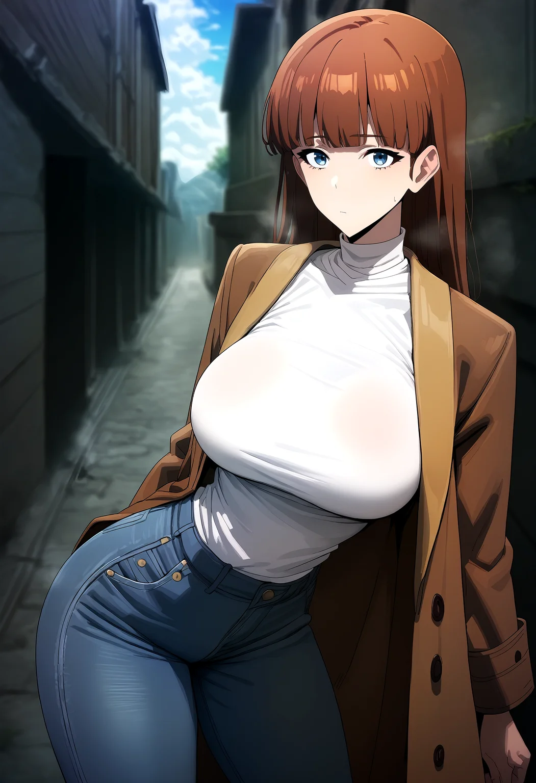 score_9, score_8_up, score_7_up, score_6_up, source_anime, rating_explicit, <lora:neg4all_bdsqlsz_V3.5:2.0>1girl, (solo:1.1), huge breasts, <lora:Lee Joo-heeponyxl:1> long hair, brown hair, bangs, blue eyes, blunt bangs, brown coat, jeans, denim, turtleneck, white shirt, expressionless, Narrow shoulders, heavy breathing, steaming body, dungeon, outdoors, looking at viewer, standing