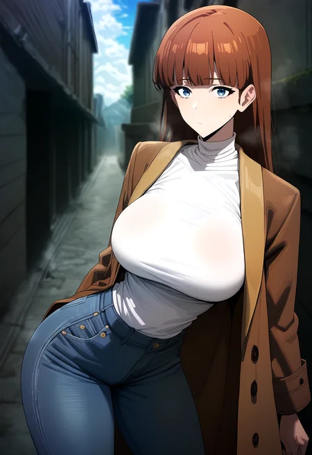 score_9, score_8_up, score_7_up, score_6_up, source_anime, rating_explicit, <lora:neg4all_bdsqlsz_V3.5:2.0>1girl, (solo:1.1), huge breasts, <lora:Lee Joo-heeponyxl:1> long hair, brown hair, bangs, blue eyes, blunt bangs, brown coat, jeans, denim, turtleneck, white shirt, expressionless, Narrow shoulders, heavy breathing, steaming body, dungeon, outdoors, looking at viewer, standing